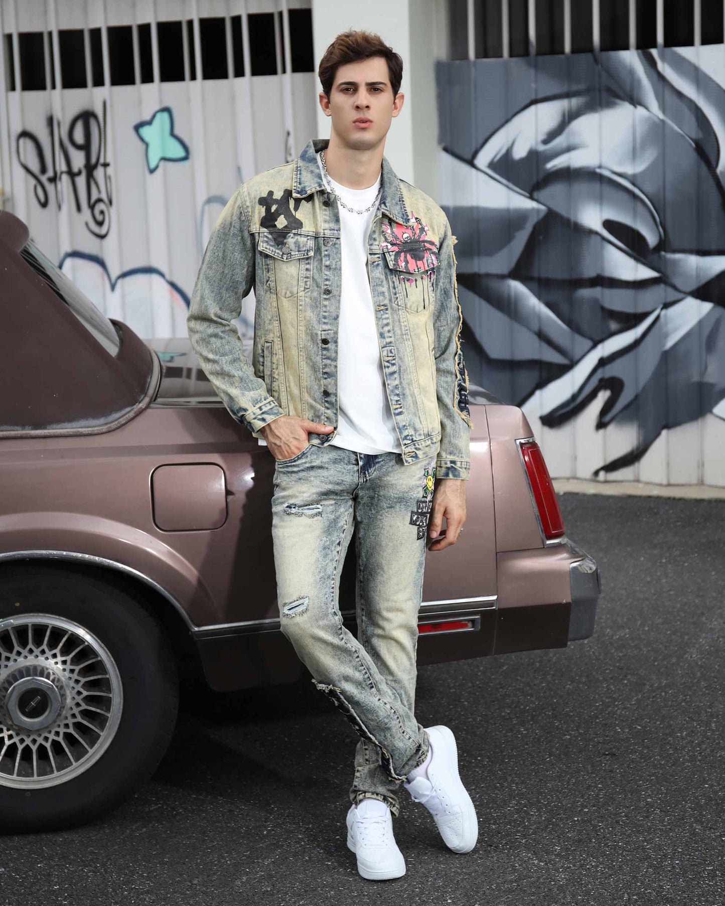 Logeqi dark washed straight leg jeans styled with a denim jacket and white sneakers for a trendy look