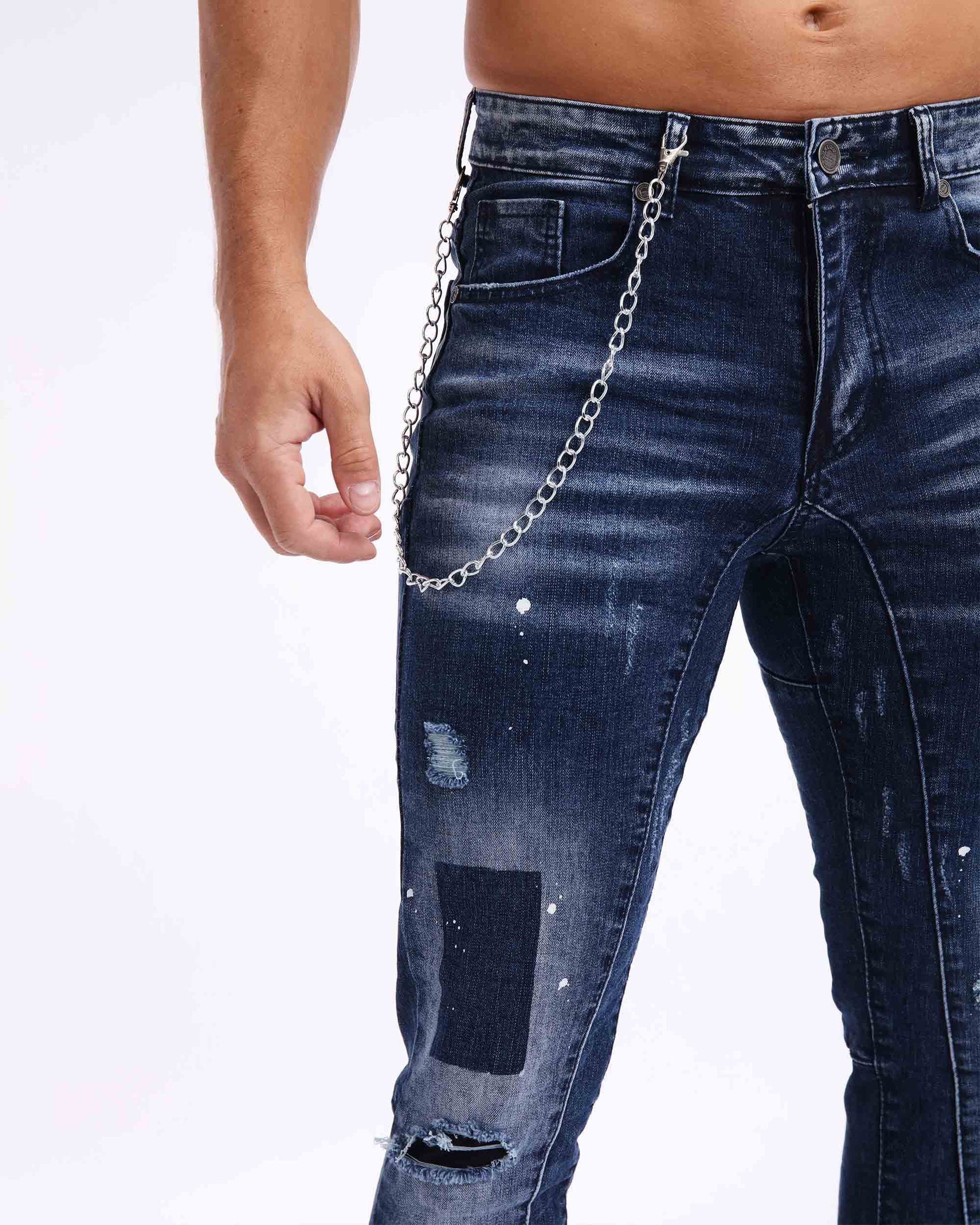 Logeqi denim spray paint jeans with chain detail and distressed design for a stylish look