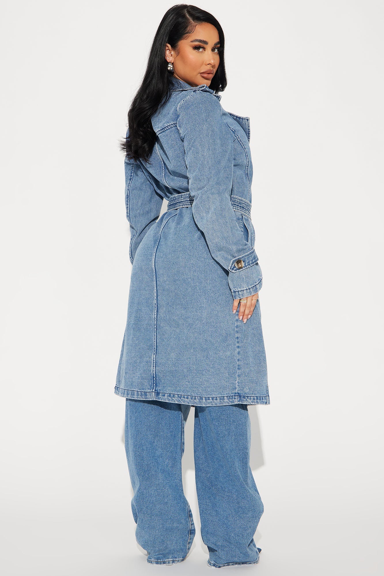Fashion Nova denim trench coat for women with a stylish belt and relaxed fit for a chic look