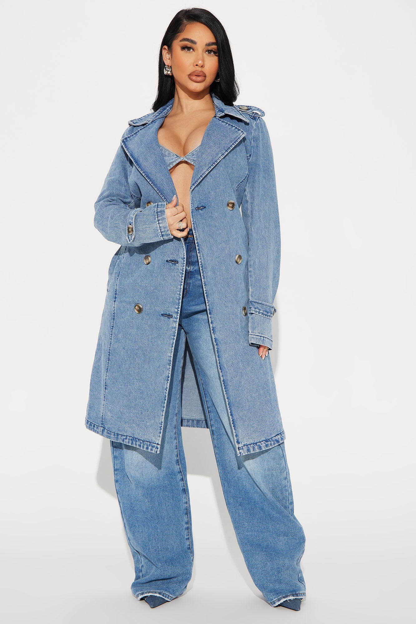 Fashion Nova denim trench coat for women with a stylish double-breasted design and relaxed fit