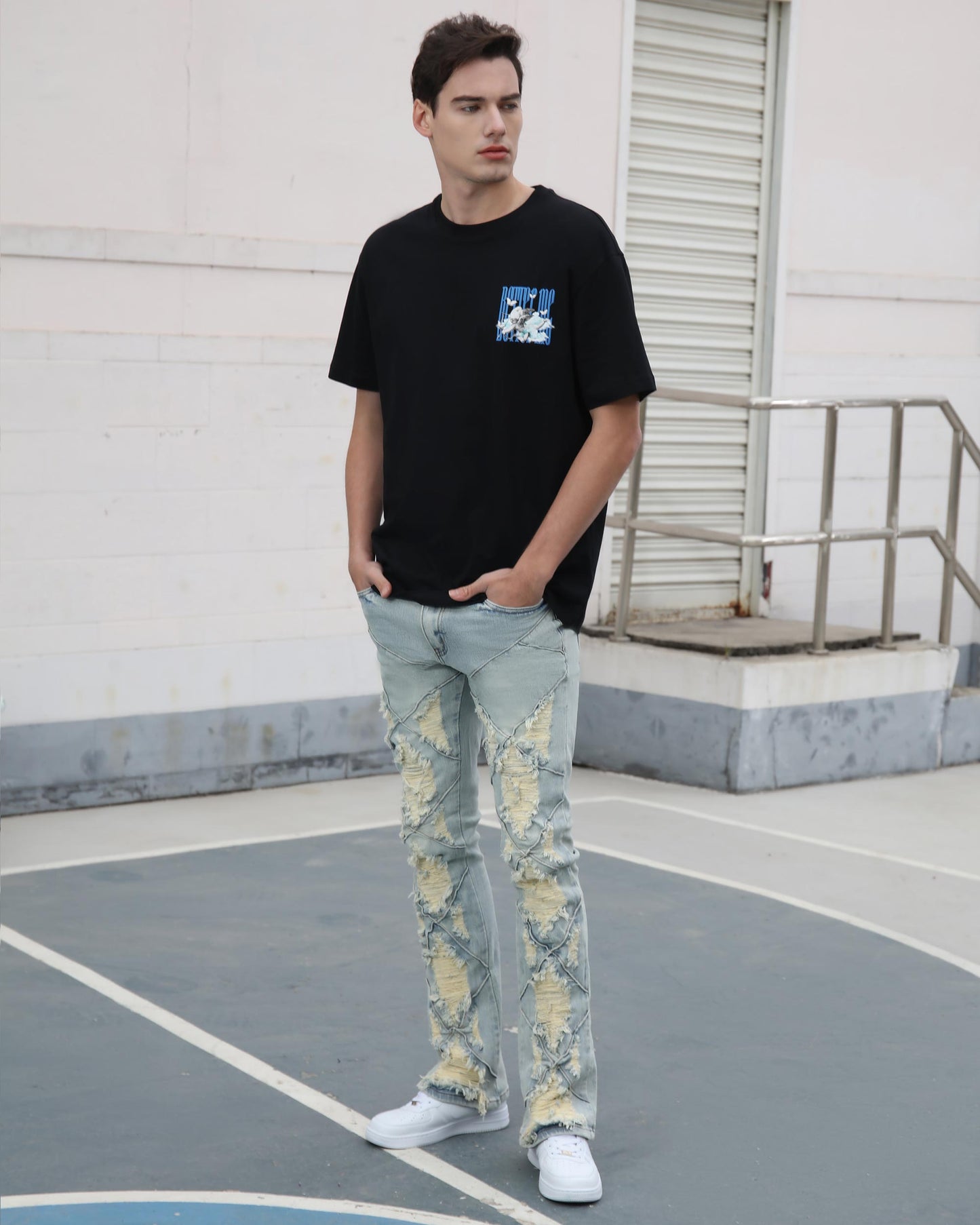 Logeqi distressed blue jeans featuring a unique design with a relaxed fit for casual wear