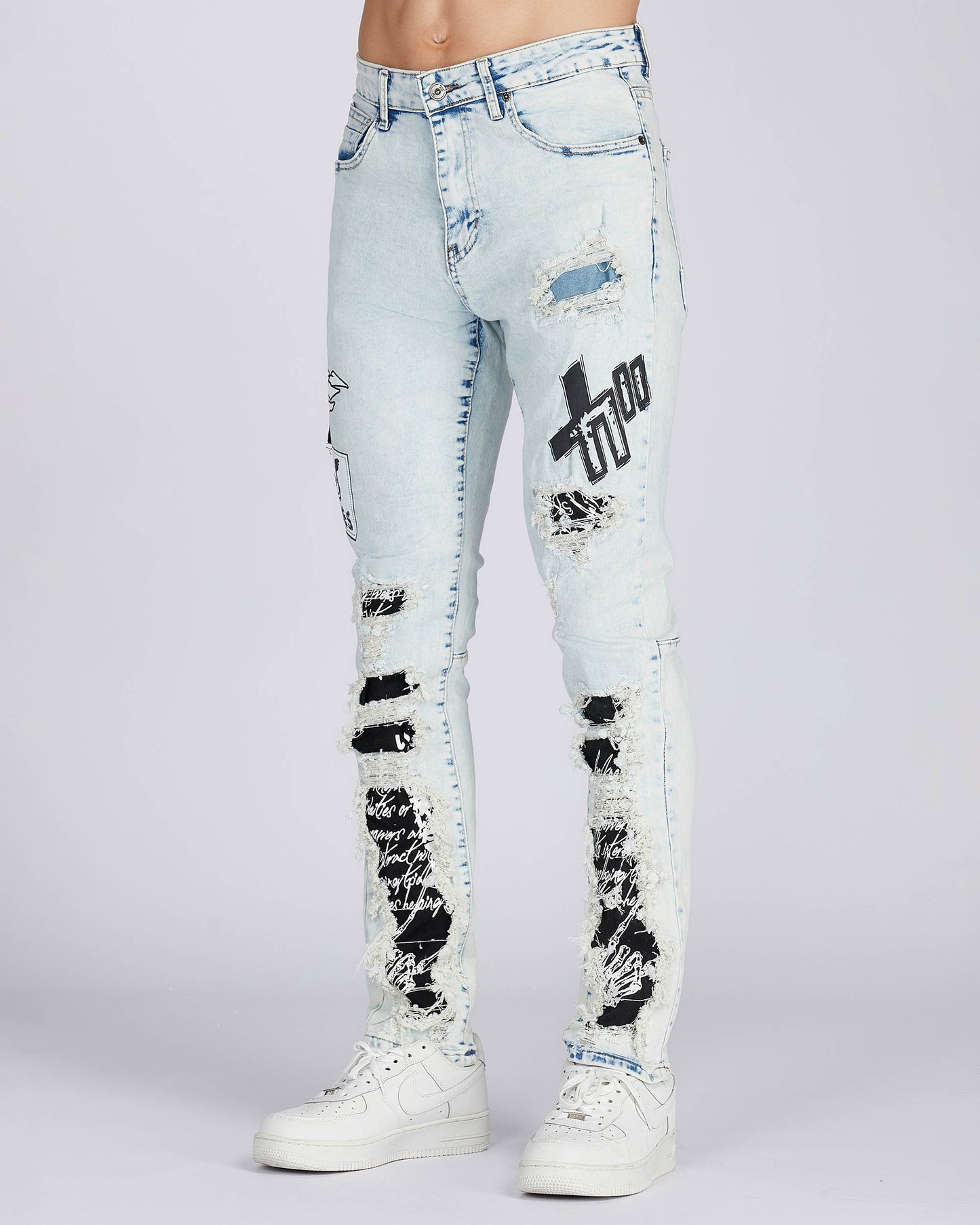 Logeqi distressed blue jeans with unique rips and patches for a trendy look