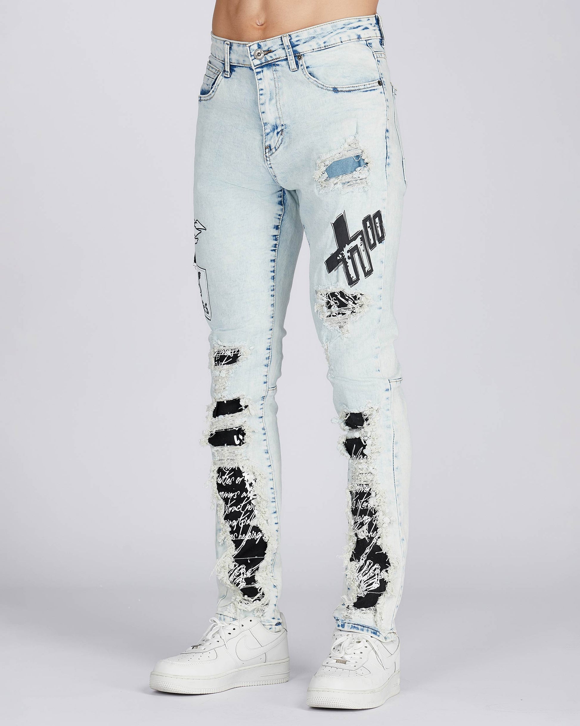 Logeqi distressed blue jeans with unique rips and patches for a trendy look