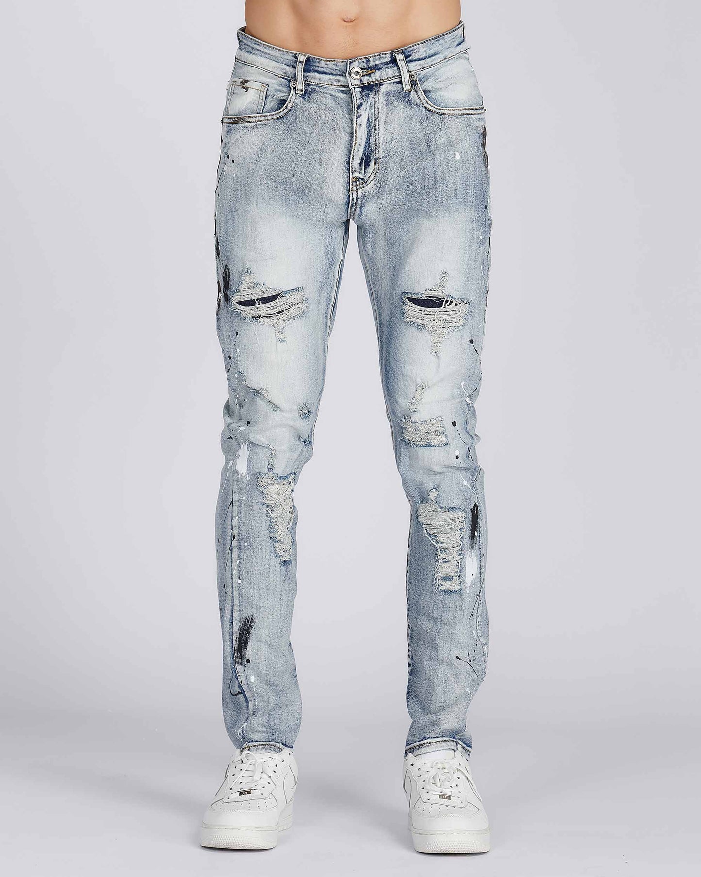 Logeqi distressed blue jeans with stylish rips and a slim fit for a fashionable casual look