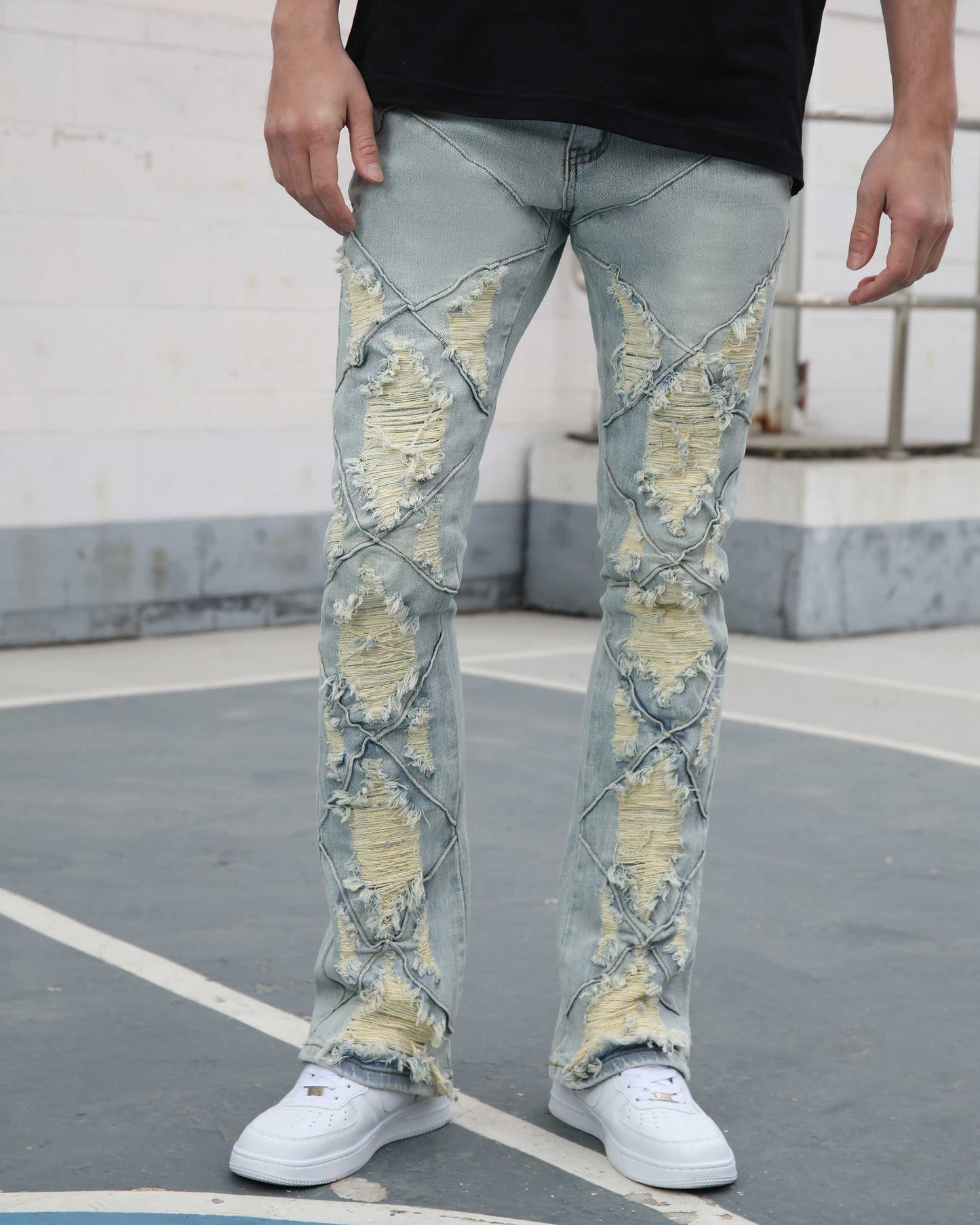 Logeqi distressed blue jeans with unique ripped design and faded wash for a trendy look