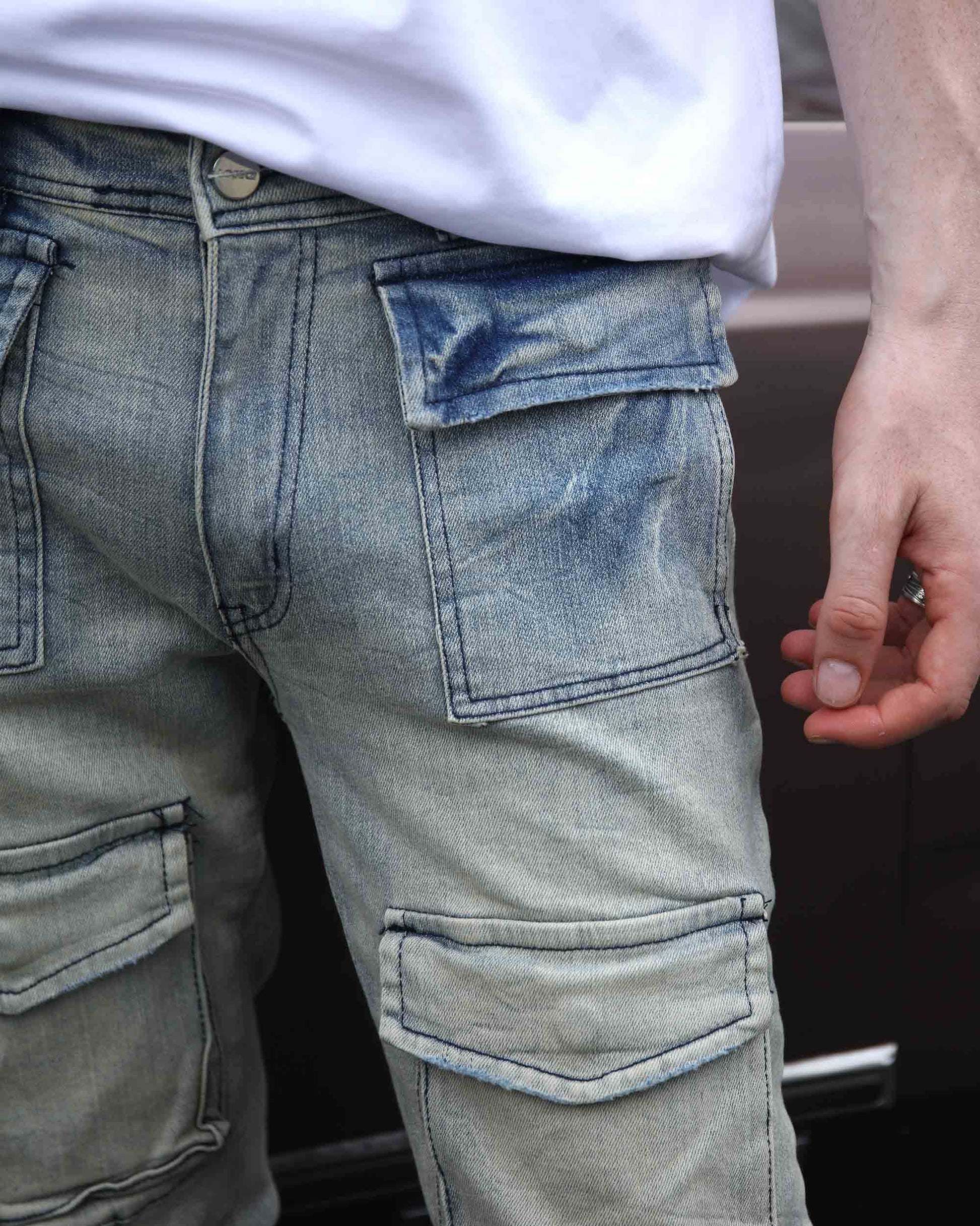 Logeqi distressed cargo jeans men with multiple pockets and faded denim design