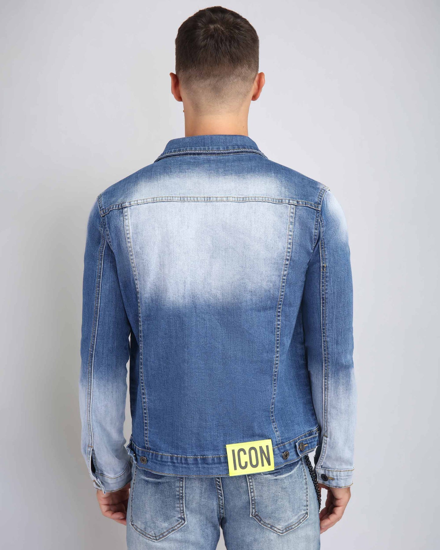 Logeqi distressed denim jacket ICON patch with a gradient blue wash and casual fit for stylish layering