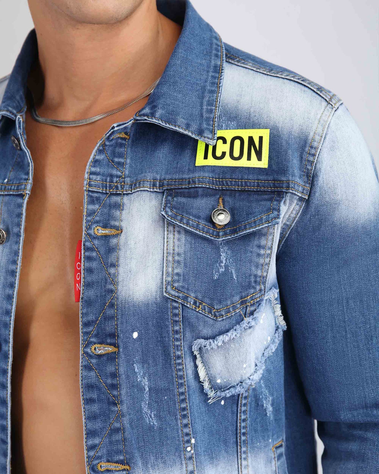 Logeqi distressed denim jacket ICON patch with stylish fading and functional pockets