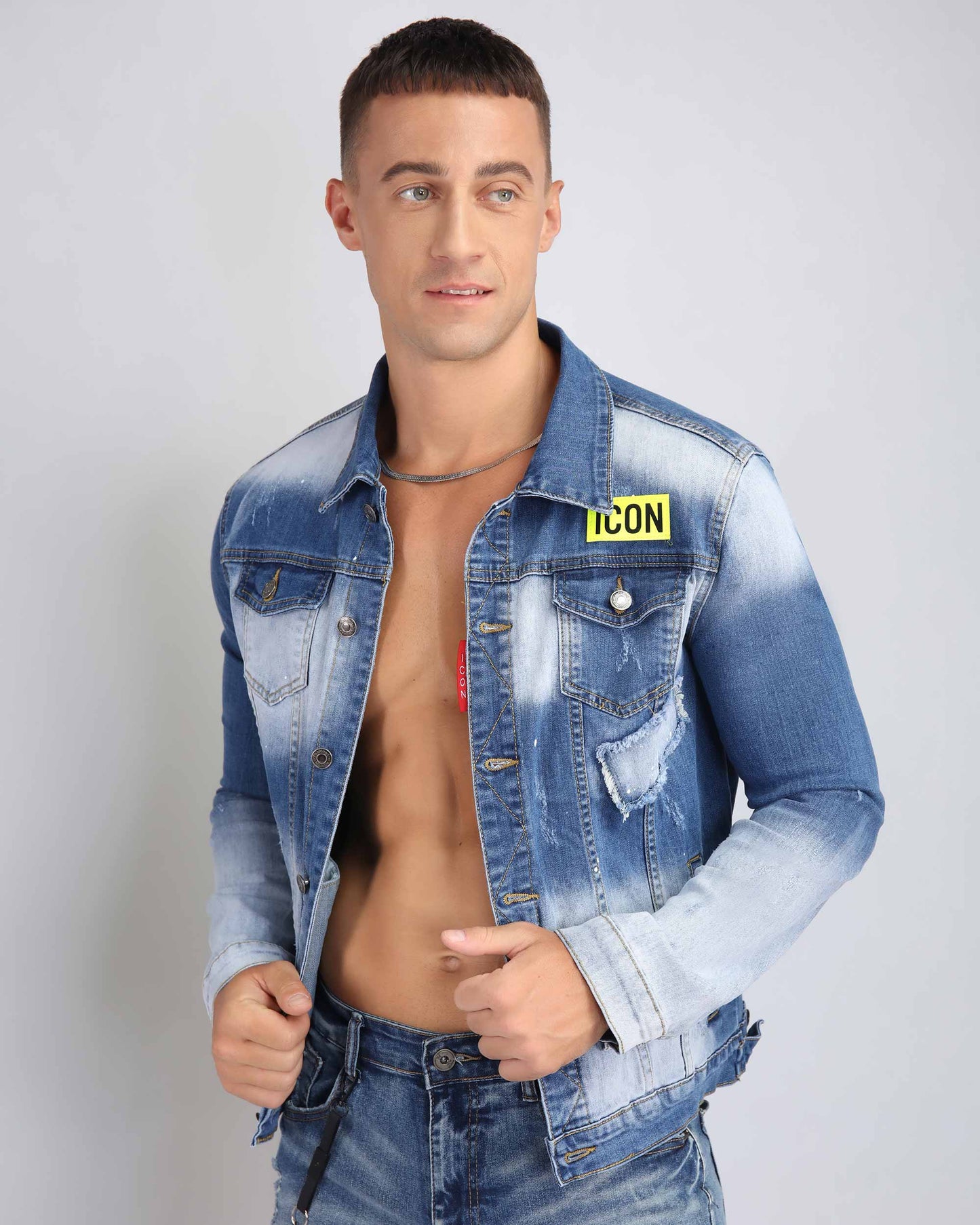 Logeqi distressed denim jacket ICON patch featuring a stylish design and comfortable fit for men