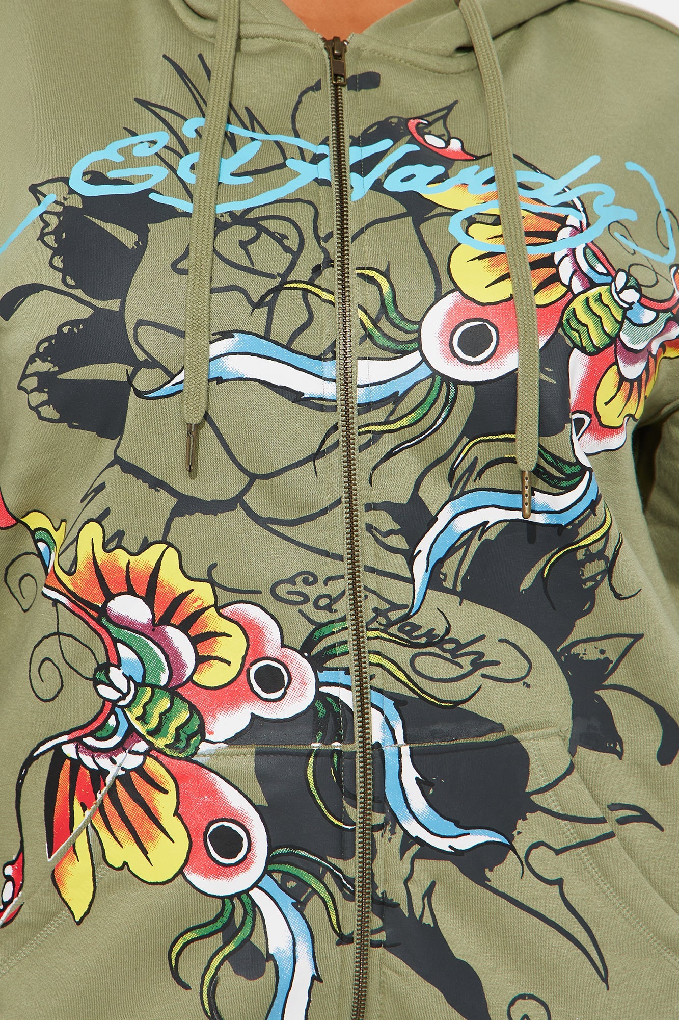 Ed Hardy butterfly hoodie in olive green with vibrant butterfly and floral designs