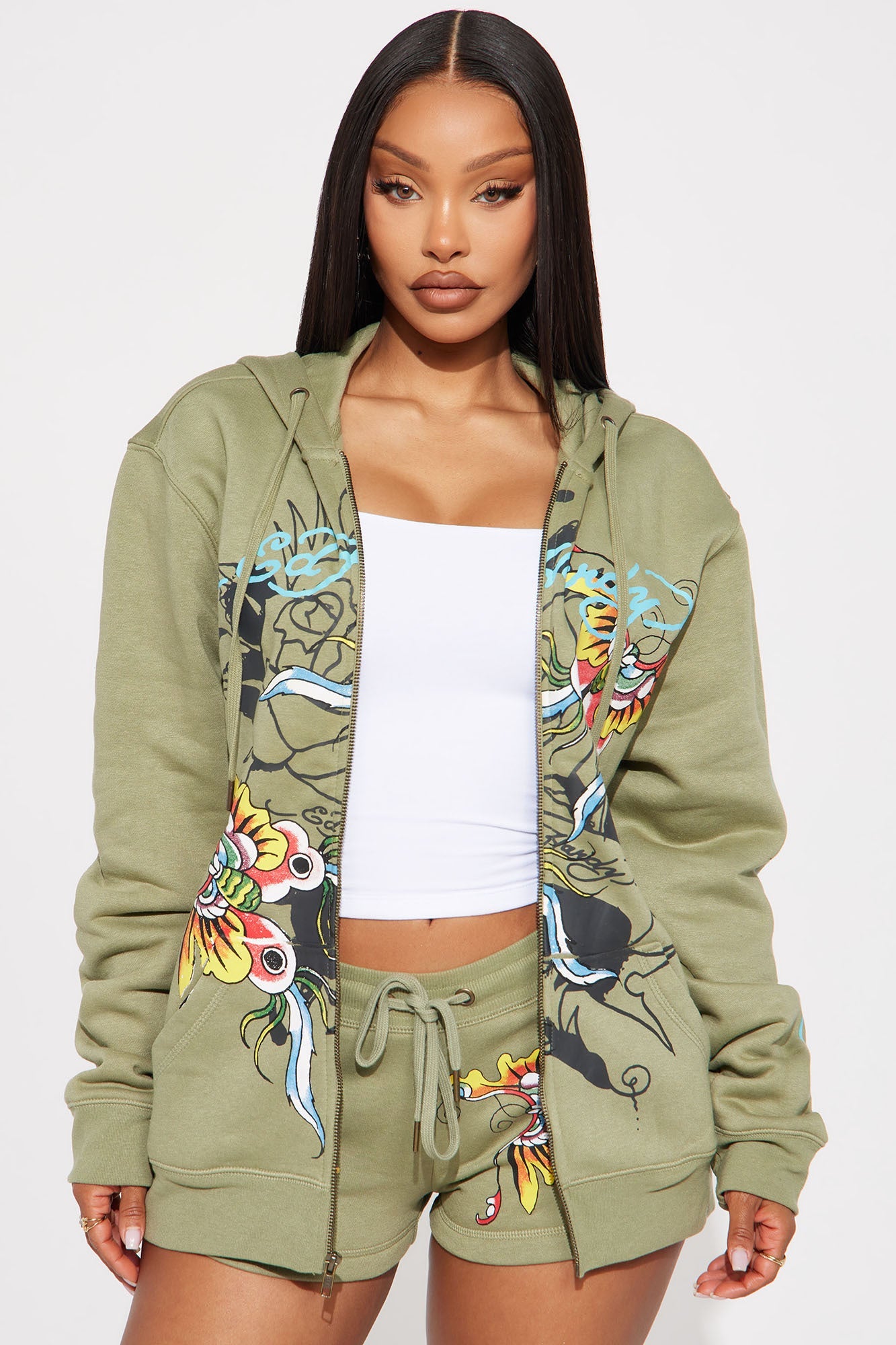 Ed Hardy butterfly hoodie in olive green with vibrant floral designs and matching shorts for casual wear