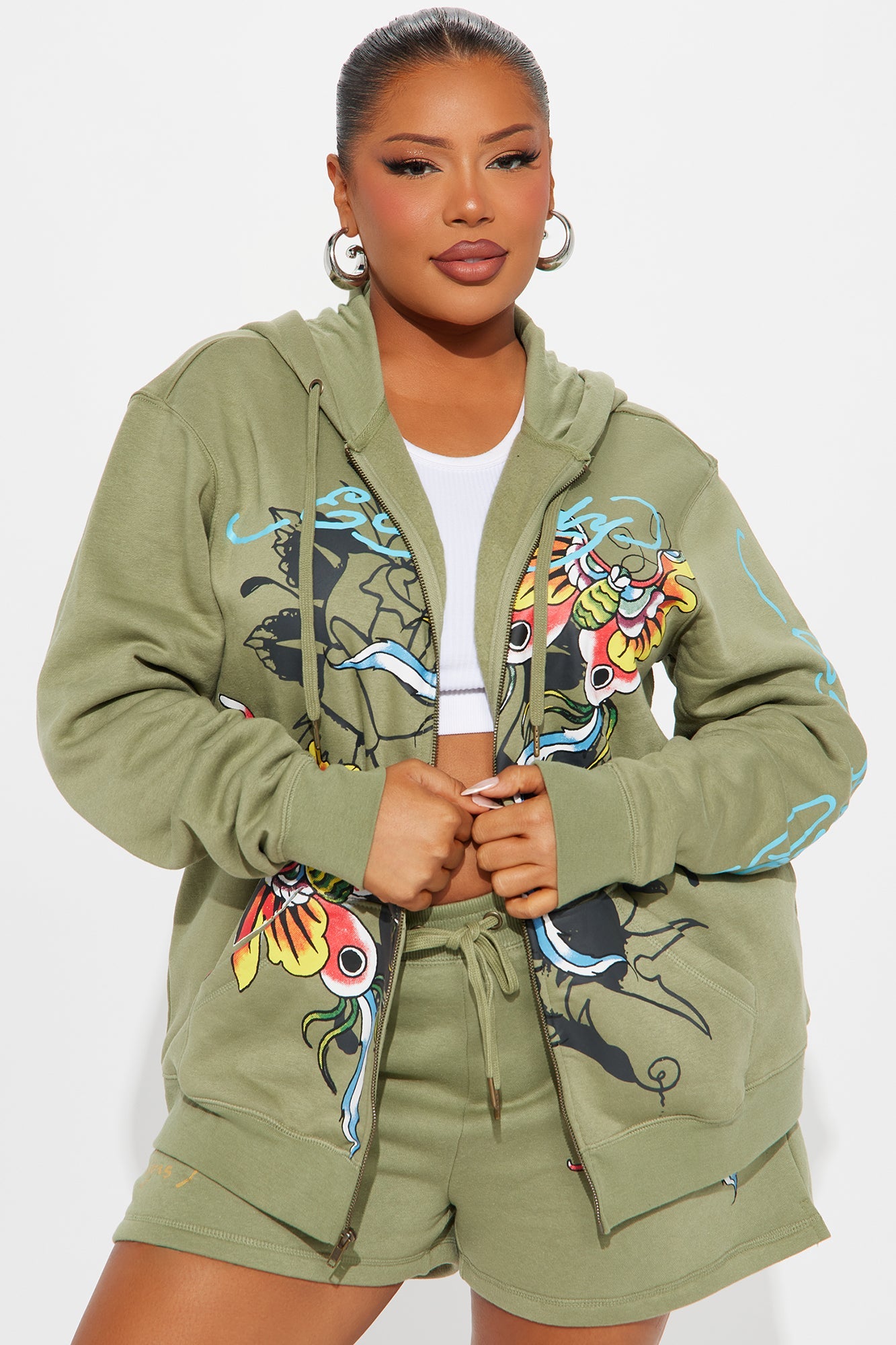 Ed Hardy butterfly hoodie in olive green with colorful butterfly design for a stylish casual look