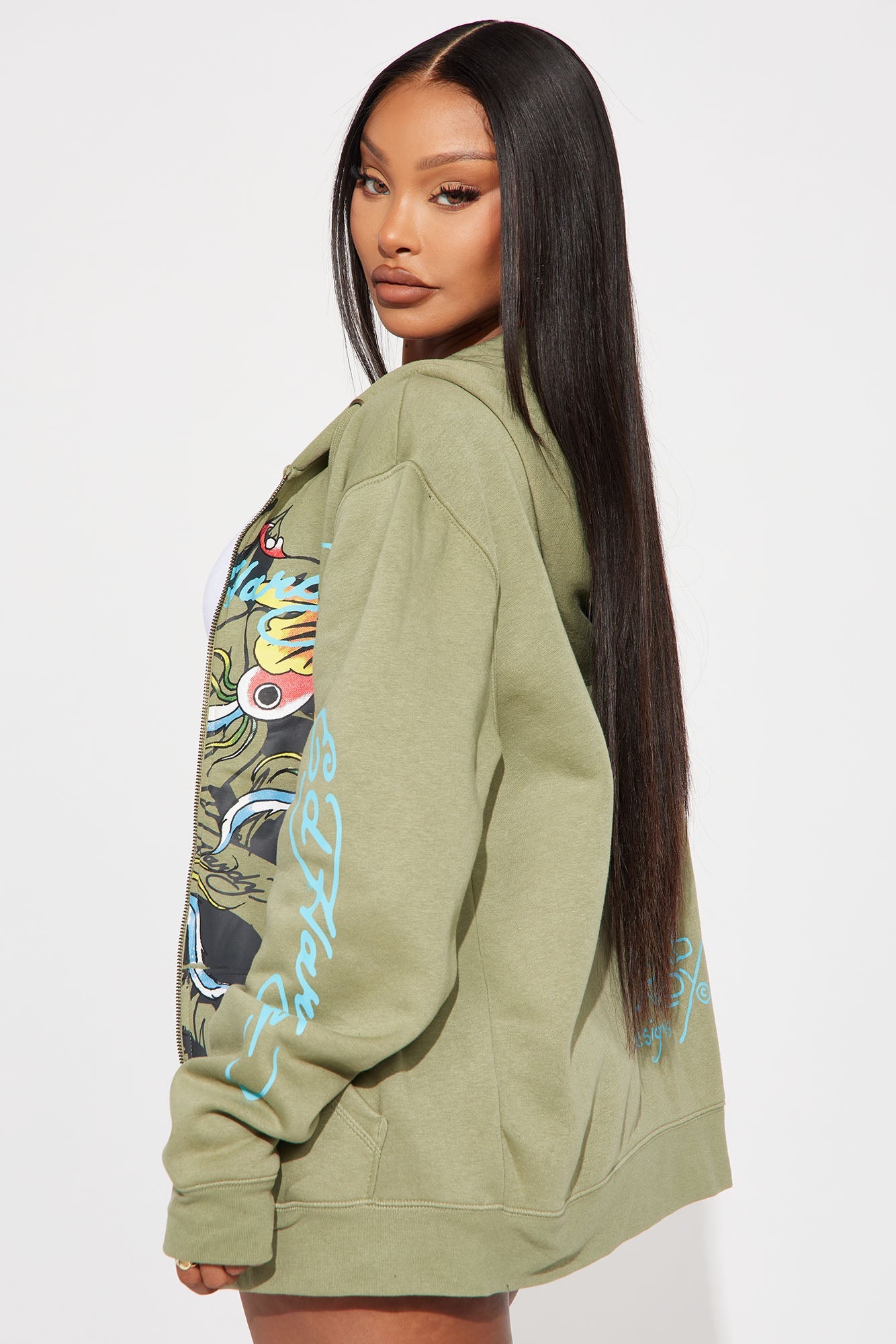 Ed Hardy butterfly hoodie in green featuring vibrant butterfly and floral graphics on sleeve