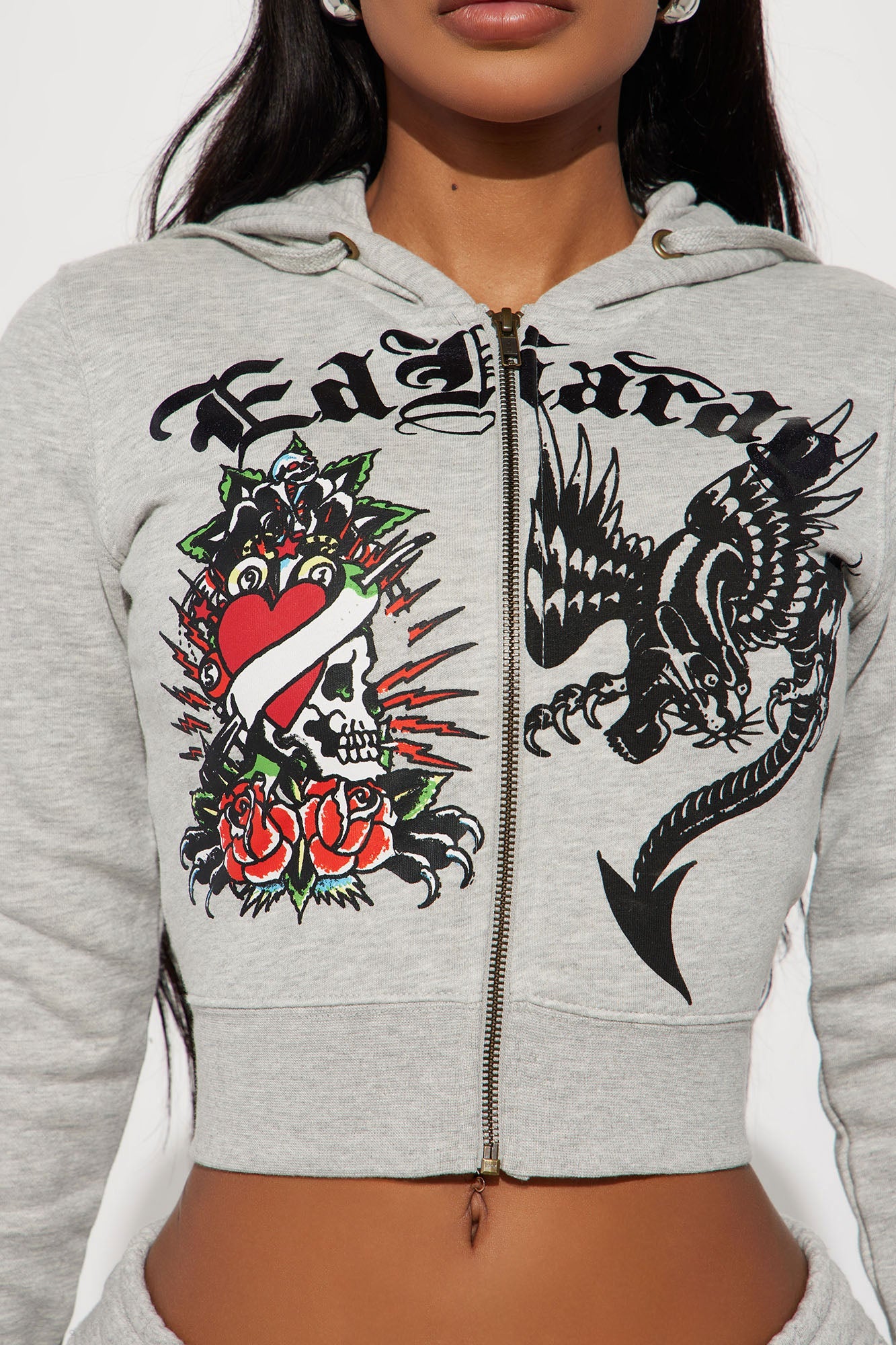 Ed Hardy heart of roses hoodie in gray featuring vibrant tattoo-inspired graphics and a zip-up design