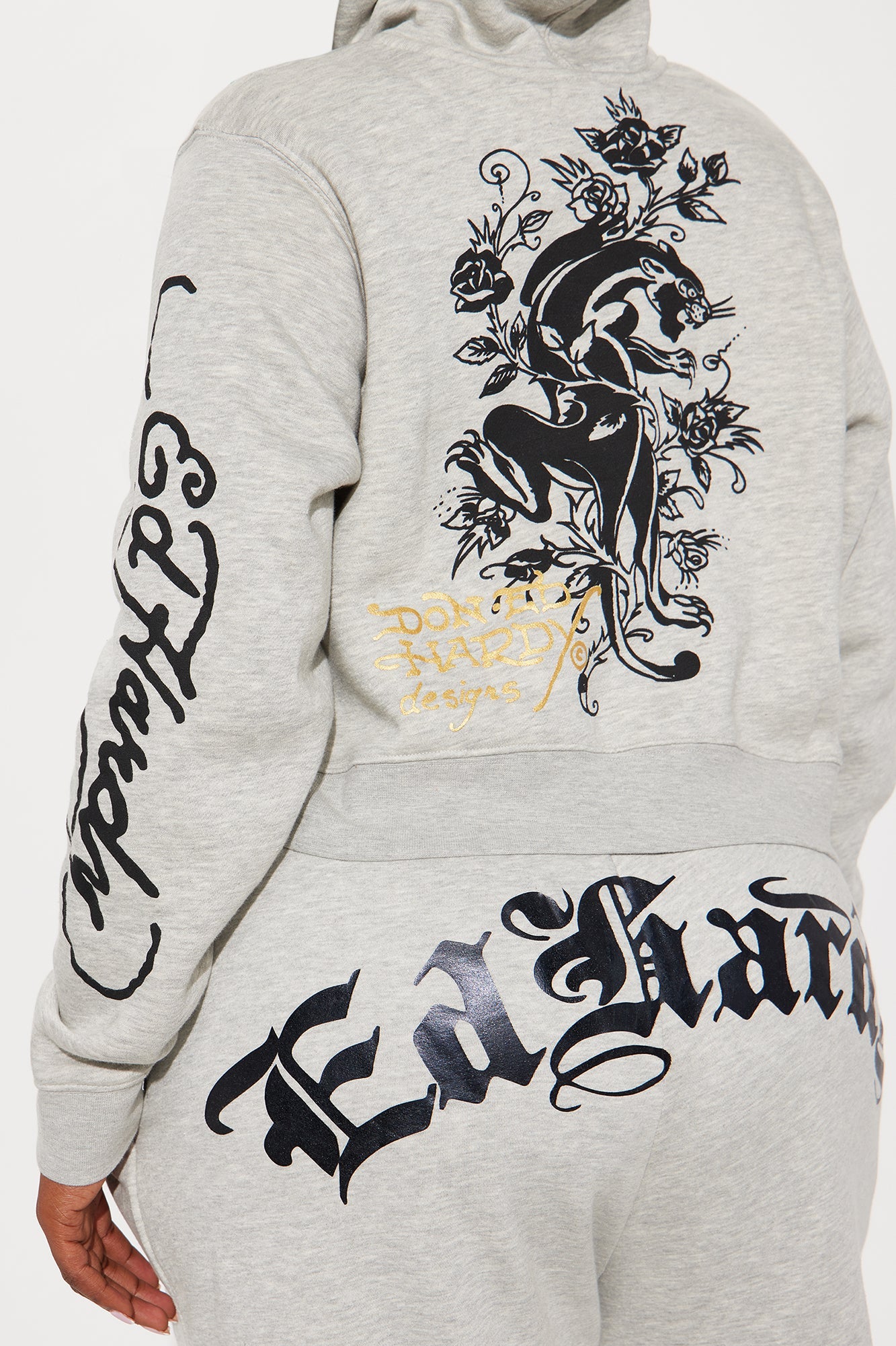 Ed Hardy heart of roses hoodie in gray featuring black floral designs on the back and arm for stylish comfort