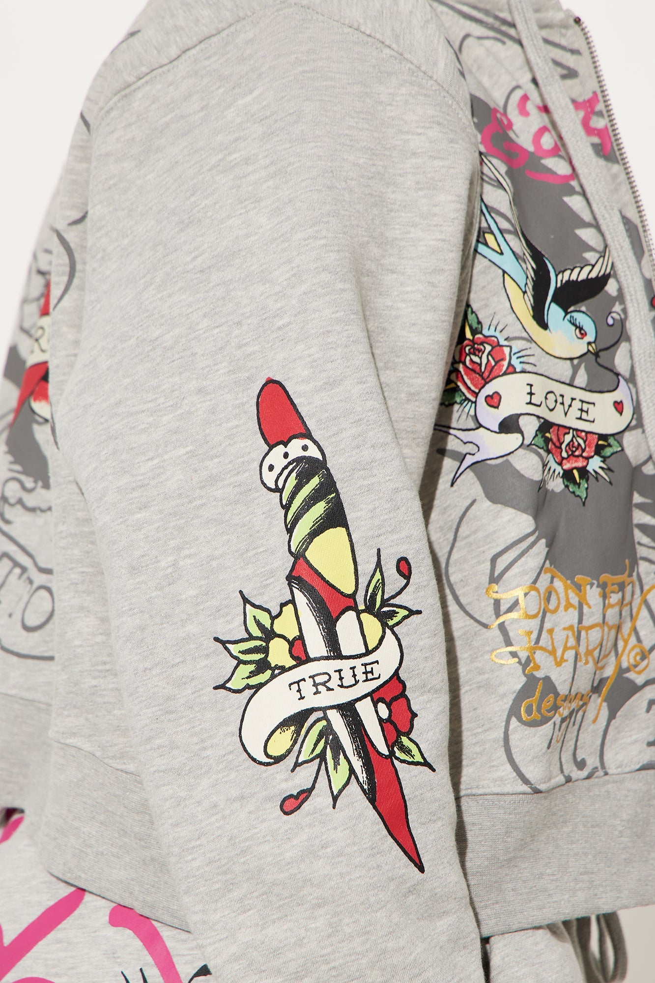 Ed Hardy rose and sword hoodie featuring bold graphic designs and vibrant colors