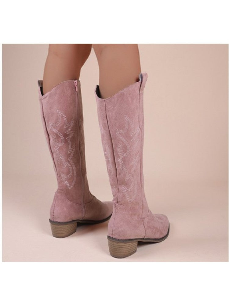 Wholesale7 pink suede embroidered thigh-high boots with low block heels for stylish wear