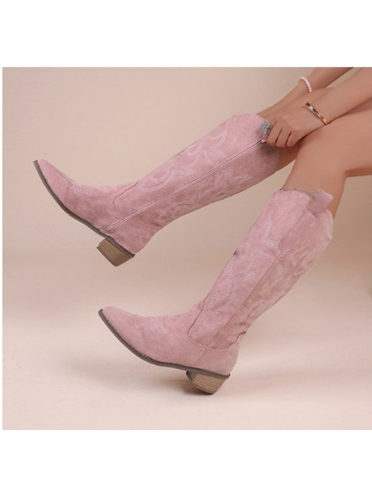 Wholesale7 pink embroidered thigh-high boots with low wooden heel and side zipper