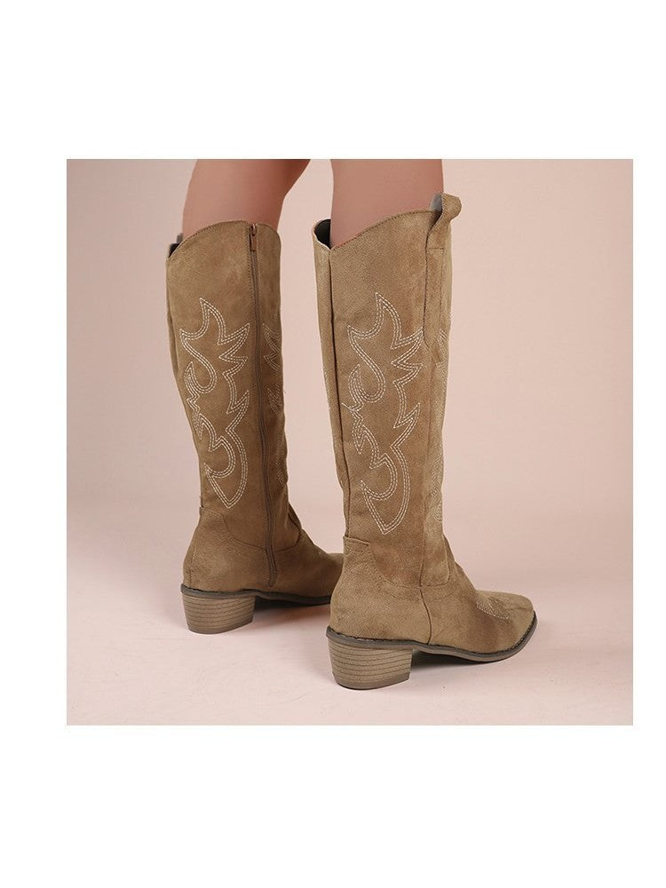 Wholesale7 embroidered thigh-high boots in tan suede with decorative stitching and low stacked heel