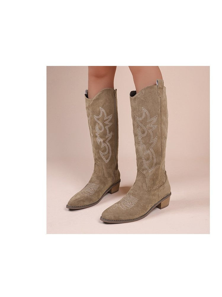 Wholesale7 embroidered thigh-high boots in taupe suede with decorative stitching and low heel
