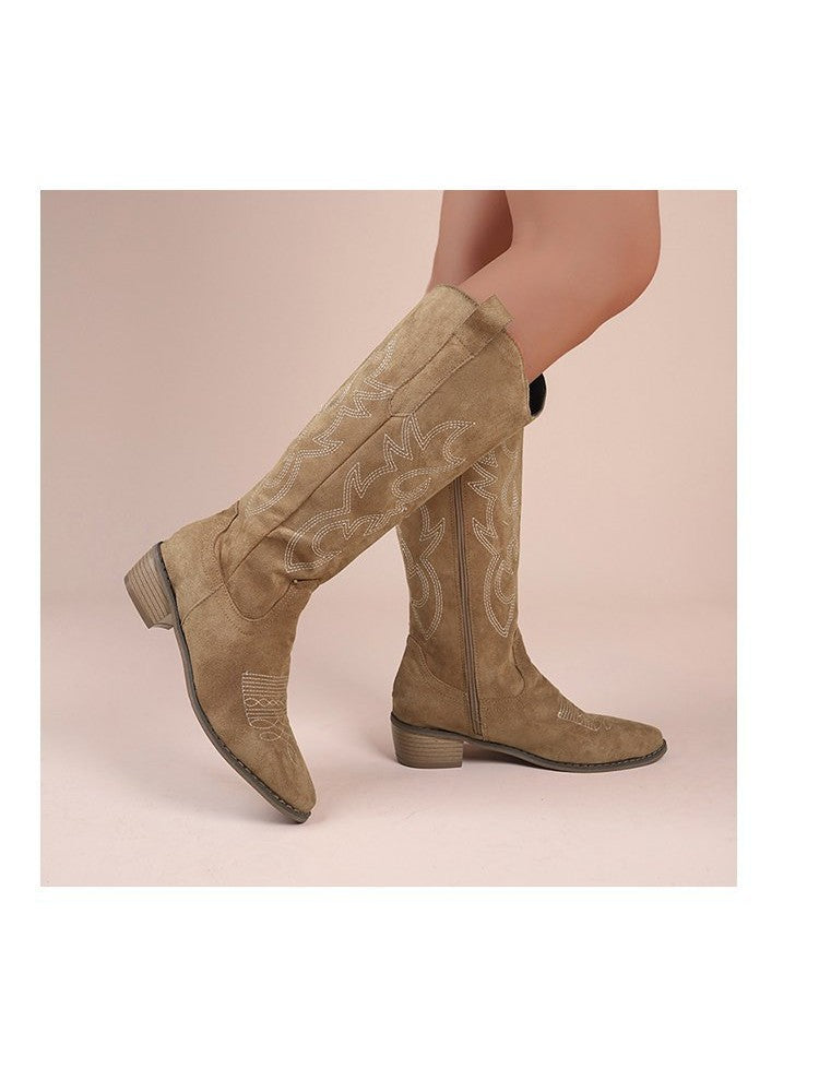 Wholesale7 tan embroidered thigh-high boots with low heel and intricate stitching design