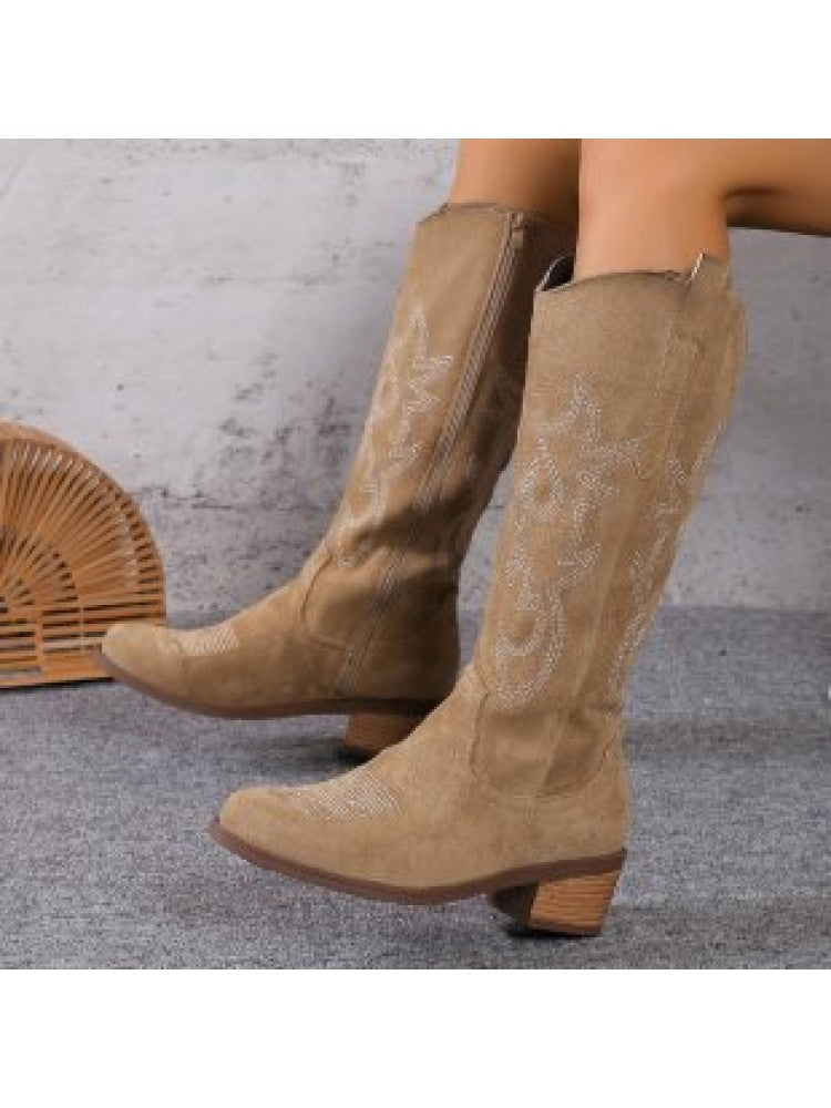 Wholesale7 tan suede embroidered thigh-high boots with wooden heels and intricate floral stitching