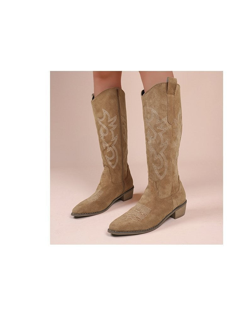 Wholesale7 embroidered thigh-high boots in tan suede with detailed stitching and low heel