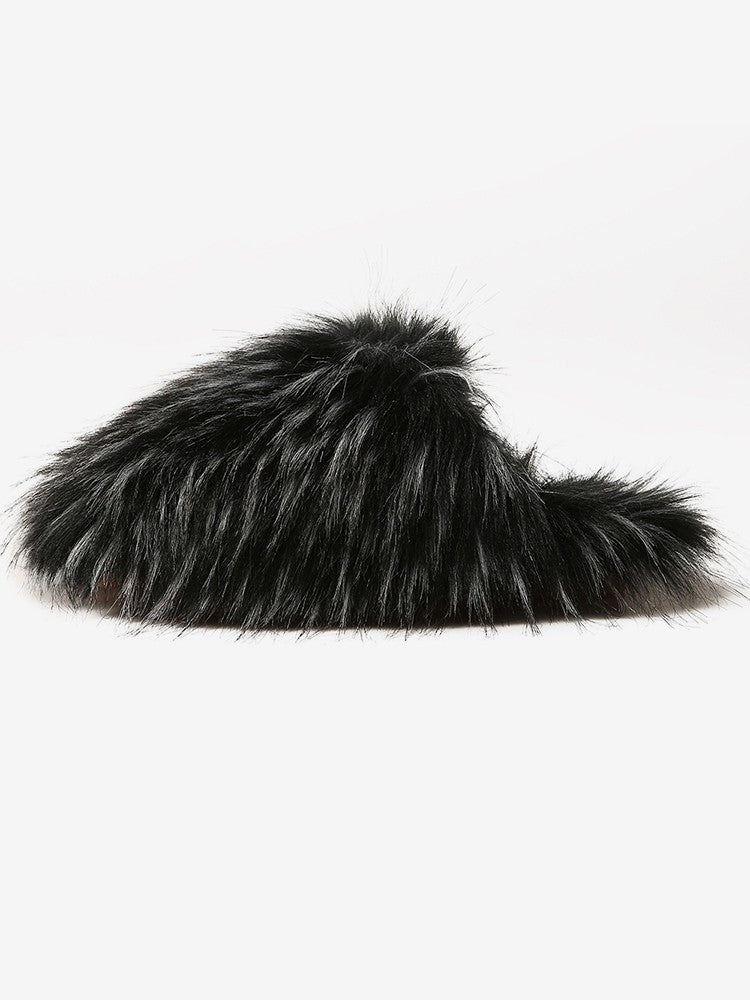 Wholesale7 black fluffy flat heel slippers with soft faux fur for indoor comfort
