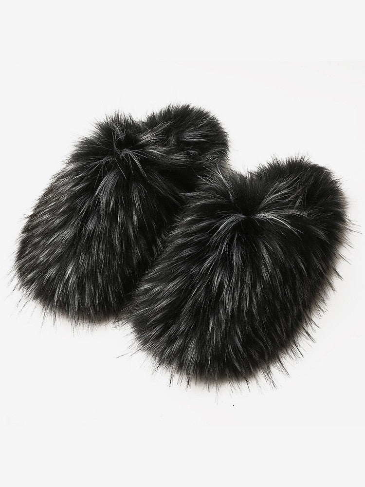 Wholesale7 black fluffy flat heel slippers with soft faux fur for cozy indoor wear