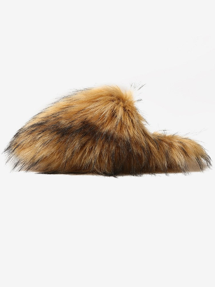 Wholesale7 brown fluffy flat heel slippers with soft faux fur for indoor comfort