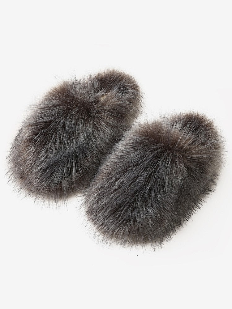Wholesale7 fluffy flat heel slippers in dark gray with soft faux fur texture for indoor comfort