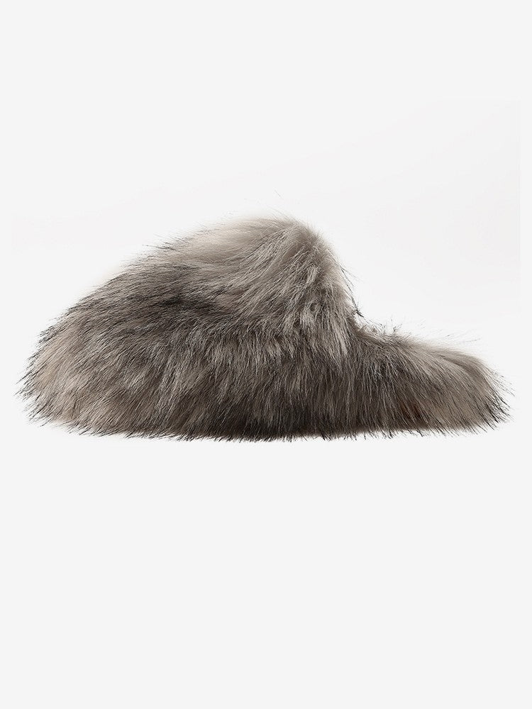 Wholesale7 gray fluffy flat heel slippers with soft faux fur for indoor comfort