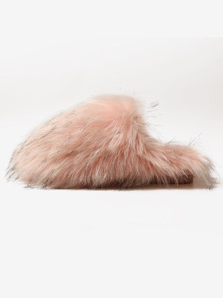 Wholesale7 fluffy flat heel slippers in soft pink fur for cozy indoor wear