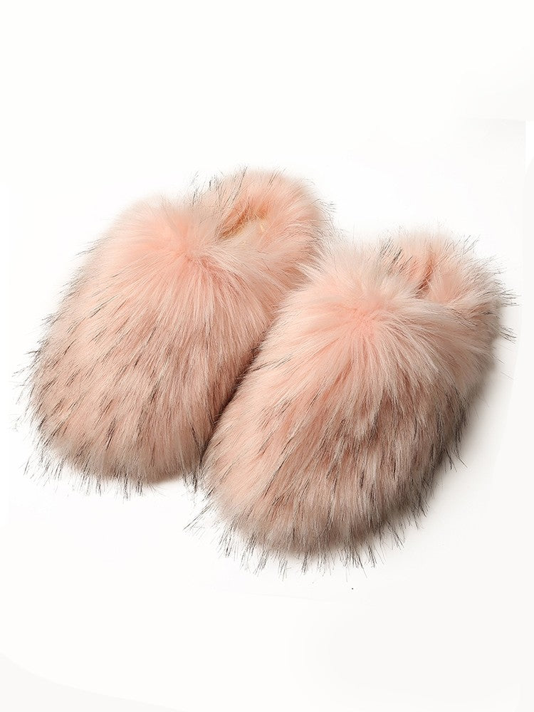 Wholesale7 pink fluffy flat heel slippers with soft plush fur for cozy indoor wear