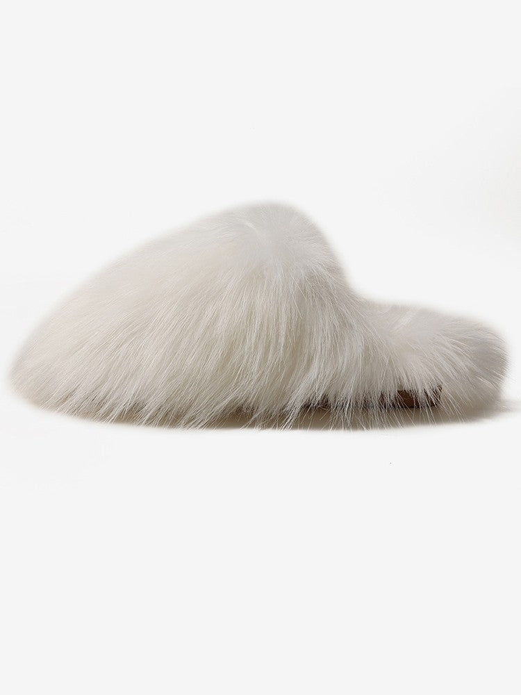 Wholesale7 white fluffy flat heel slippers with soft fur texture for indoor comfort