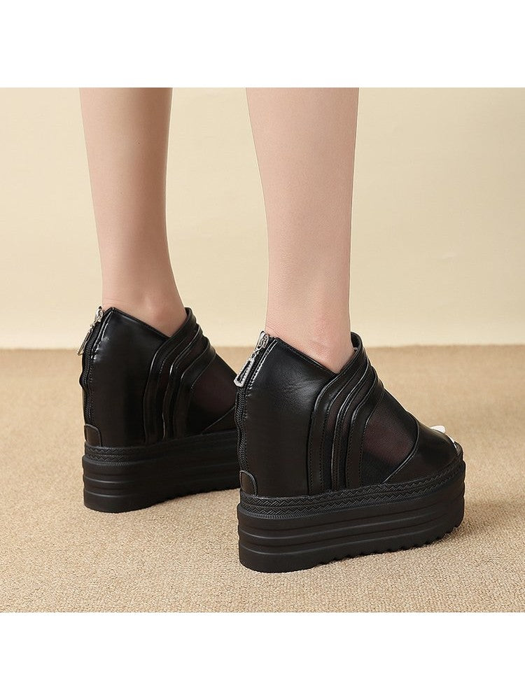 Black gauze platform wedge sandals with zipper back and thick sole by wholesale7