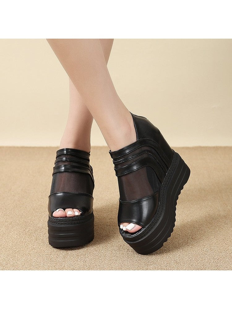 Wholesale7 black gauze platform wedge sandals with thick sole and open toe design
