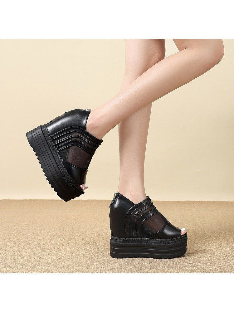 Wholesale7 black gauze platform wedge sandals with thick soles and open toes on model feet