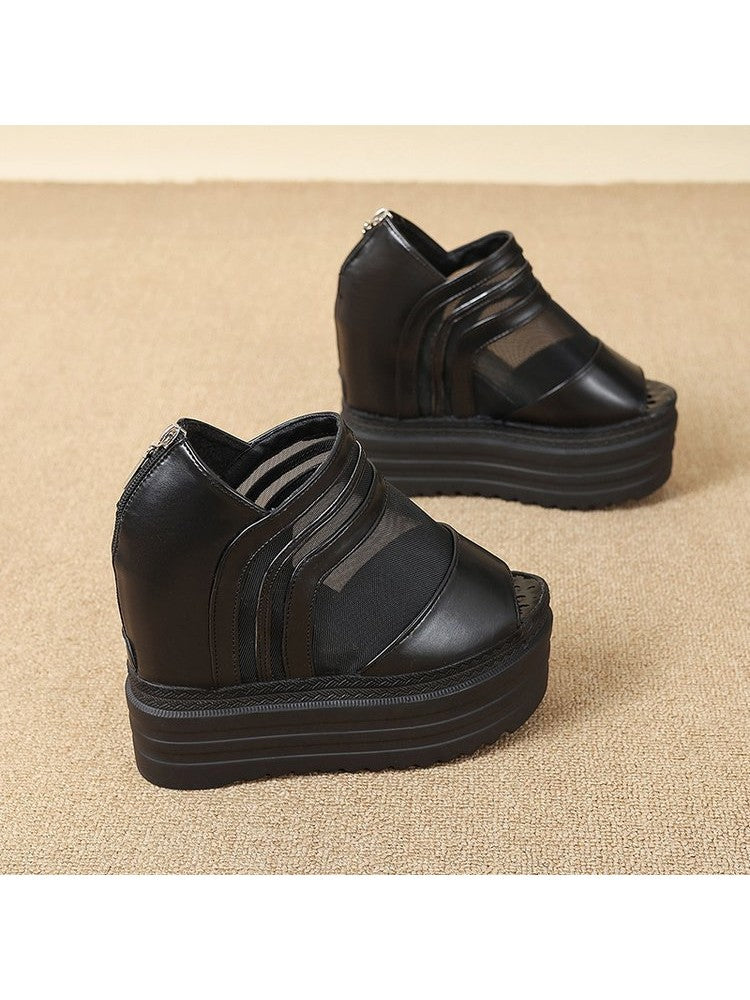 Wholesale7 black gauze platform wedge sandals with zipper back and layered straps