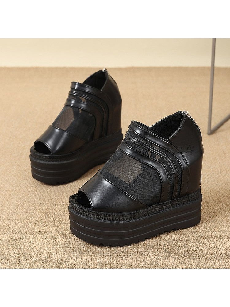 Black gauze platform wedge sandals with peep toe and back zipper from wholesale7