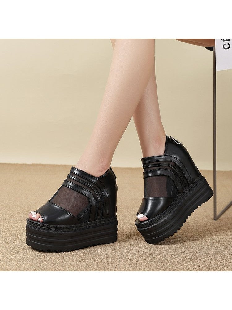 Wholesale7 black gauze platform wedge sandals with open toe and thick sole