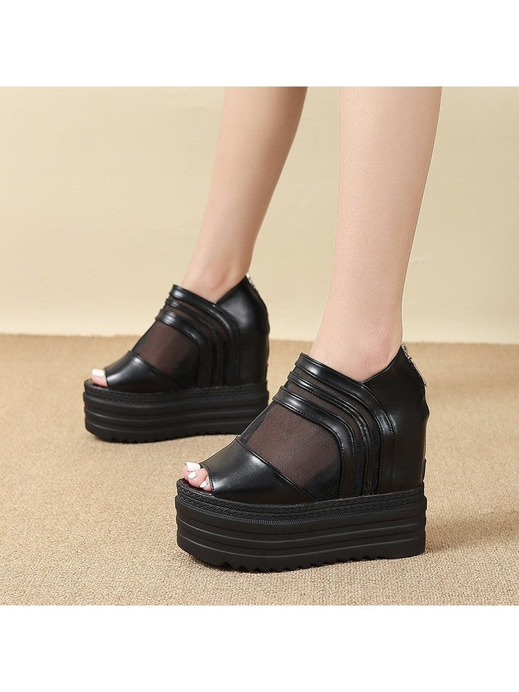 Black gauze platform wedge sandals with thick sole and open toe design by wholesale7