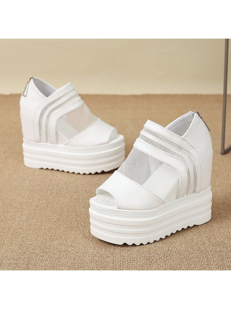 White gauze platform wedge sandals with thick sole and open toe design by wholesale7