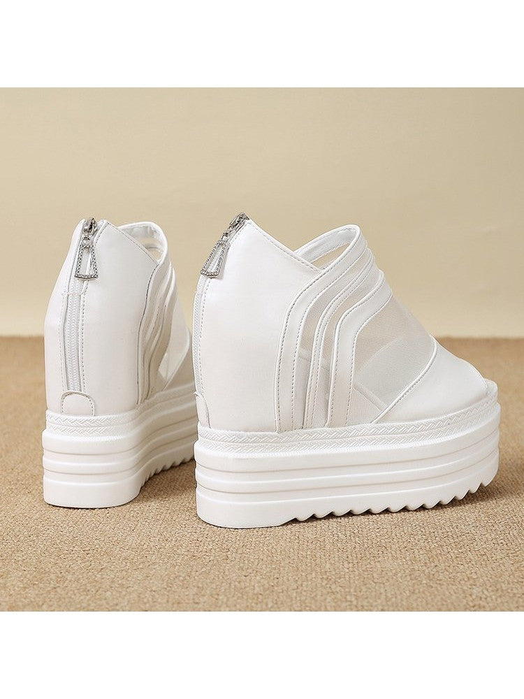 Wholesale7 white gauze platform wedge sandals with back zipper and thick layered sole