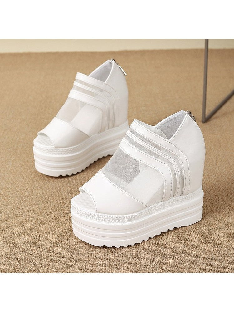 White wholesale7 gauze platform wedge sandals with thick layered soles and zipper back