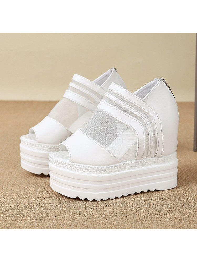 Wholesale7 white gauze platform wedge sandals with thick ridged soles and back zippers