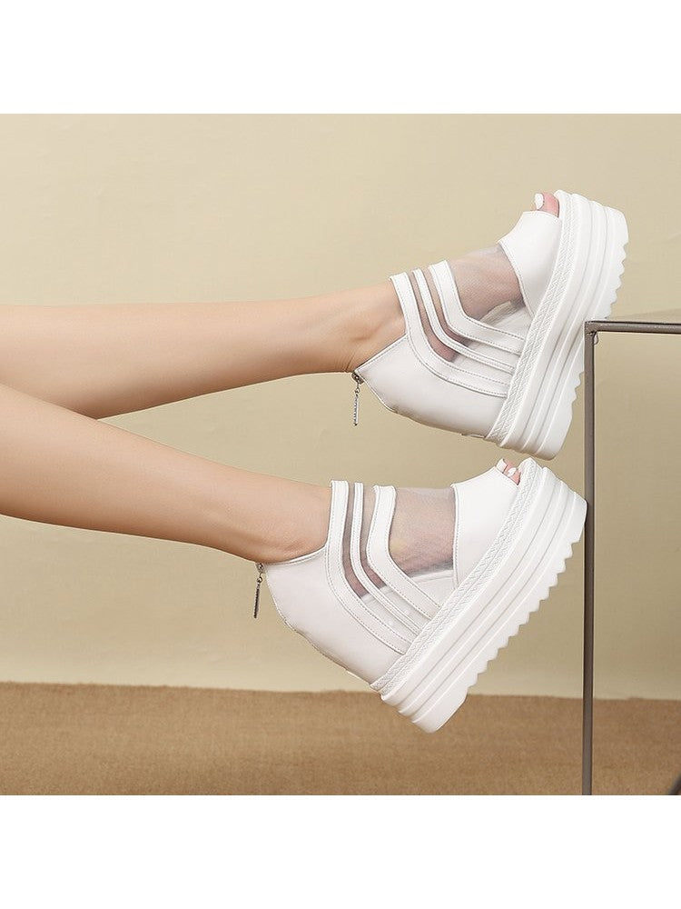 Wholesale7 white gauze platform wedge sandals with thick soles and mesh detailing