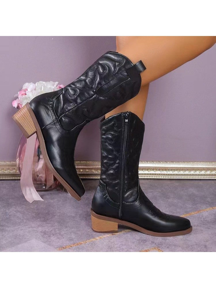 Wholesale7 black glossy pointed toe boots with mid-calf height and block heels