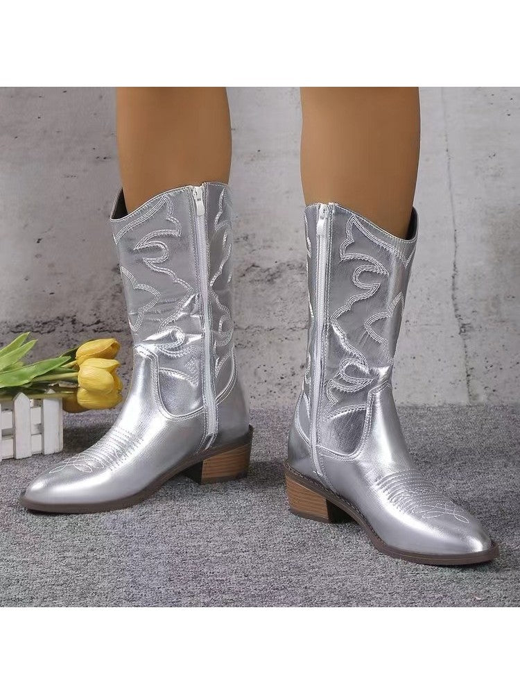 Wholesale7 silver glossy pointed toe boots with mid-calf height and decorative stitching