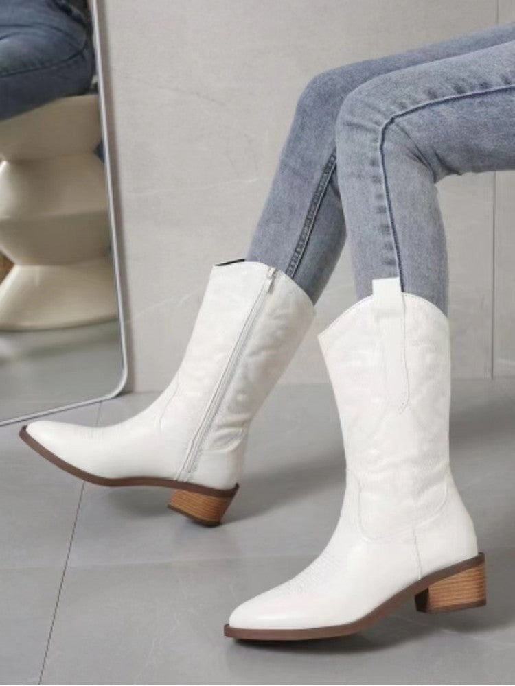 White glossy pointed toe boots with wooden block heel and side zipper from wholesale7